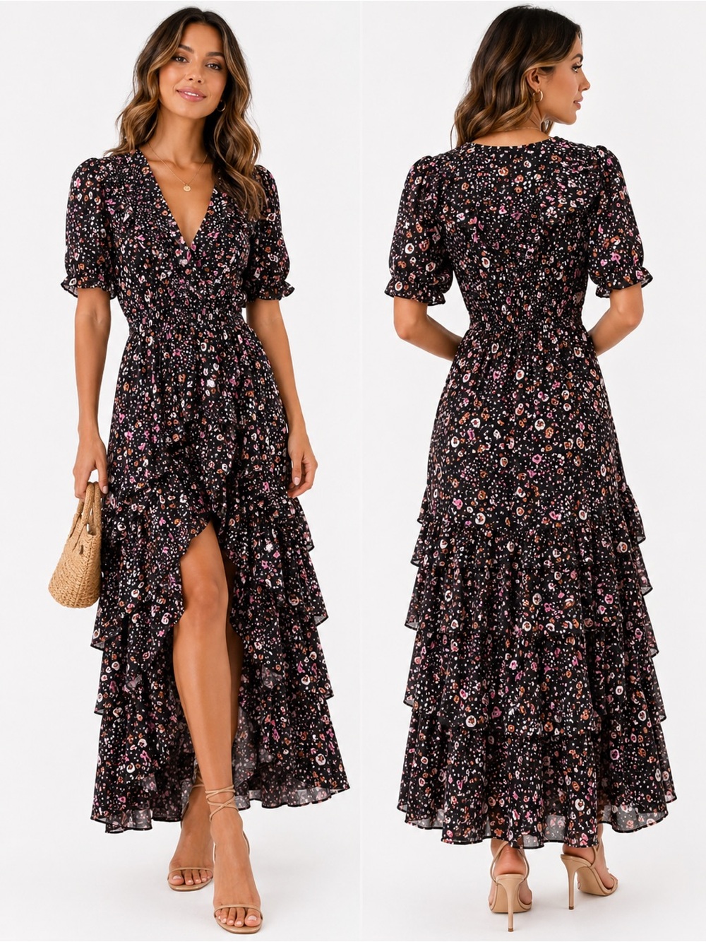 Hale Bob Black Floral Ruffle Tiered Maxi Dress with wedding guest dress
